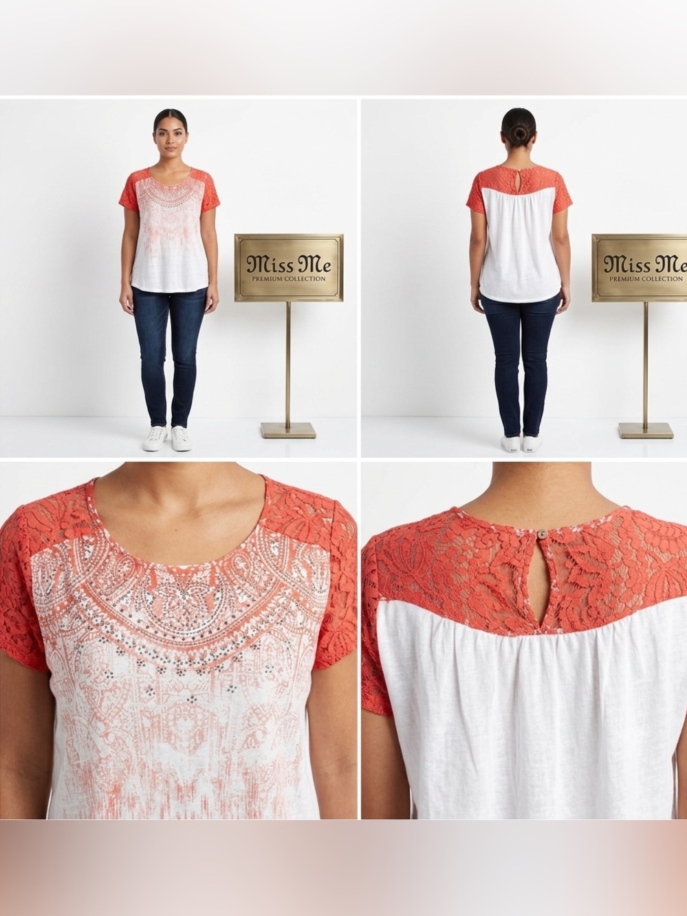 Miss Me Coral Orange Lace Yoke Embellished Aztec Print Top Medium